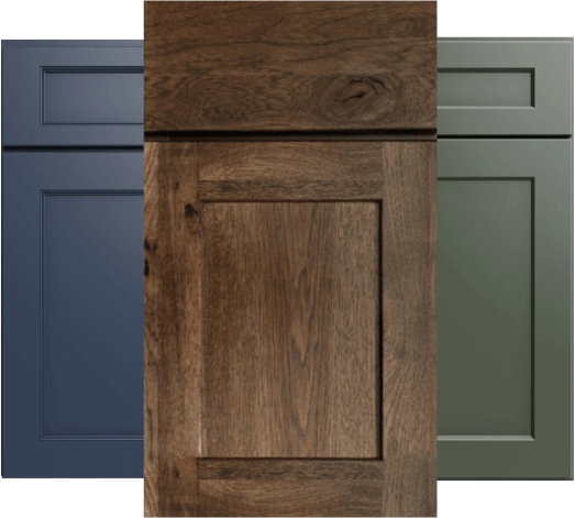 Warm wood, blue and green Cabinets