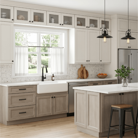 Kitchen with Timer White and Mist Cabinets