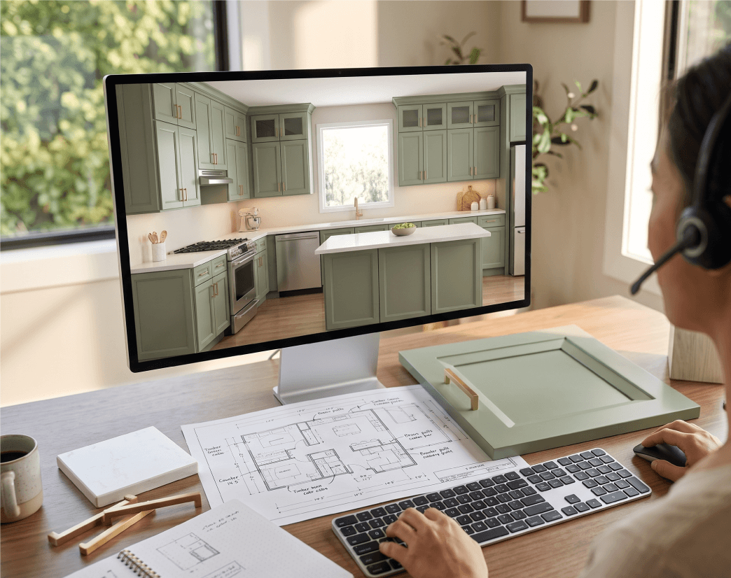 Person designing kitchen on computer screen.