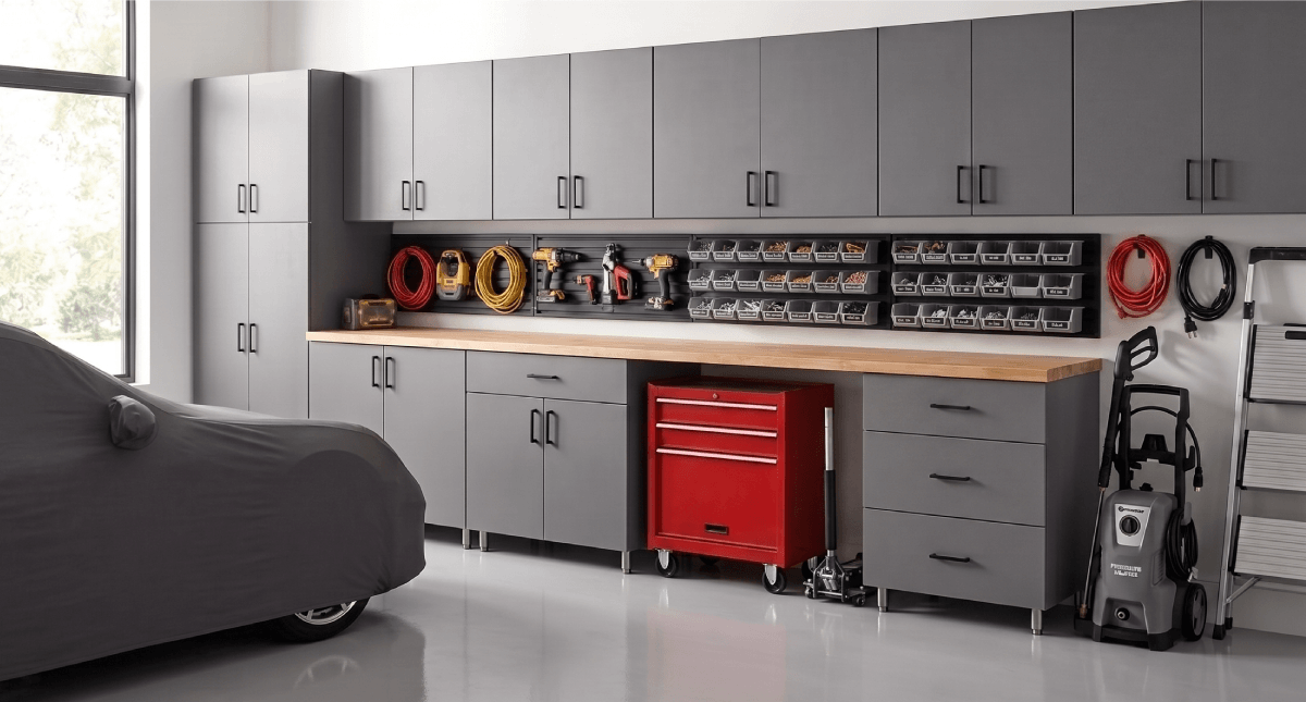 Organized garage with tools and storage cabinets.