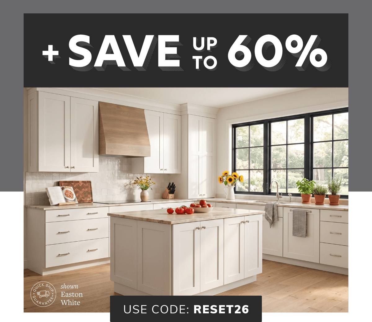Easton White Kitchen with Florence Honey Range Hood