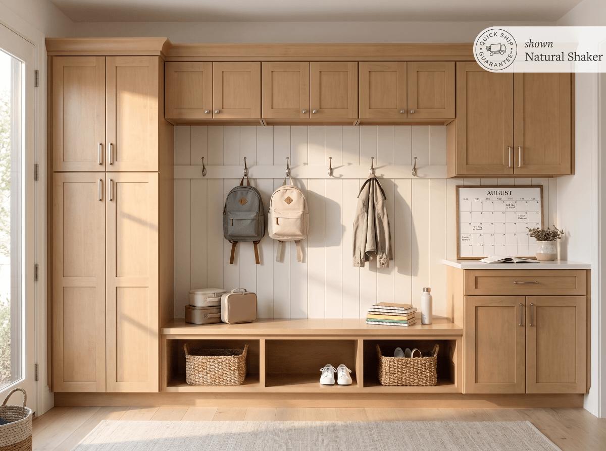 Wooden mudroom with cabinets and backpacks.